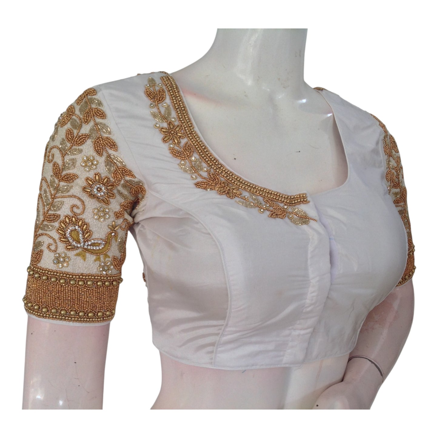 Timeless Off-White Aari Handwork Wedding Silk Saree Ready made Blouse