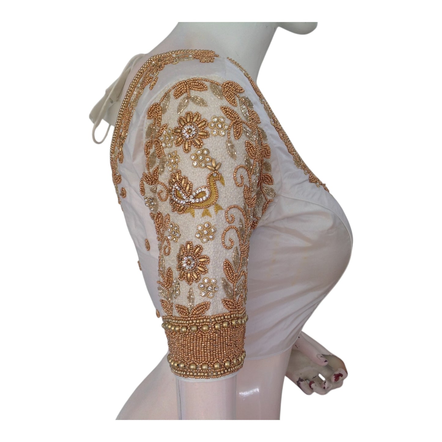 Timeless Off-White Aari Handwork Wedding Silk Saree Ready made Blouse