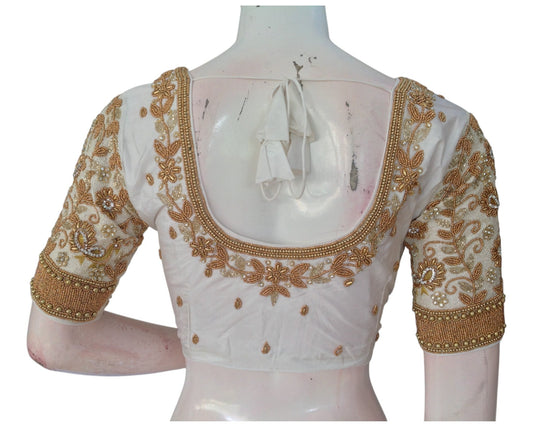 Timeless Off-White Aari Handwork Wedding Silk Saree Ready made Blouse