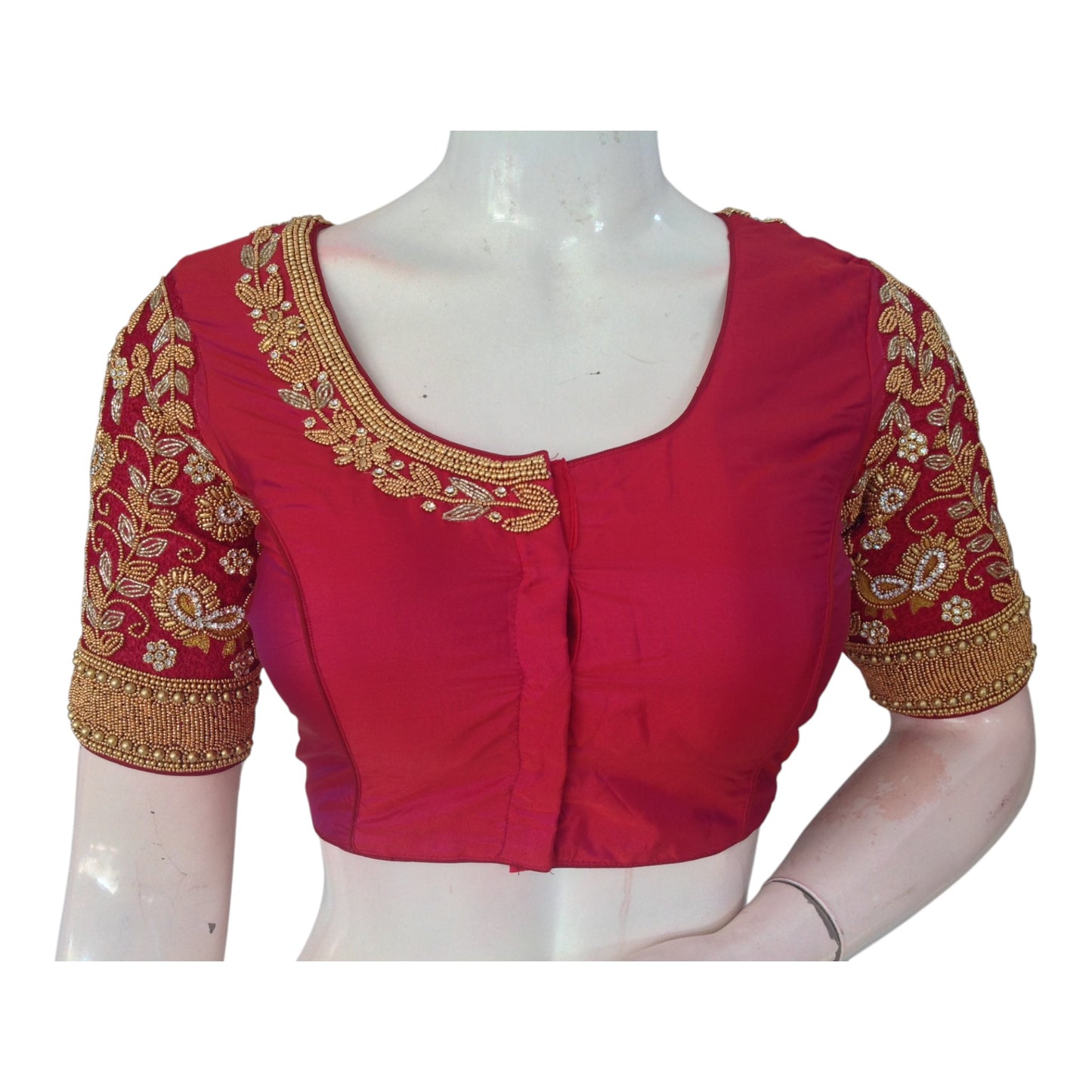 Radiant Red Aari Wedding Silk Saree Ready made Blouse for Brides