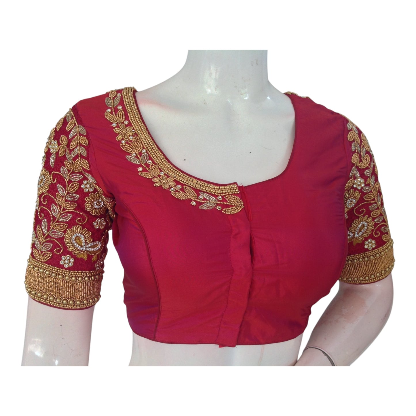 Radiant Red Aari Wedding Silk Saree Ready made Blouse for Brides