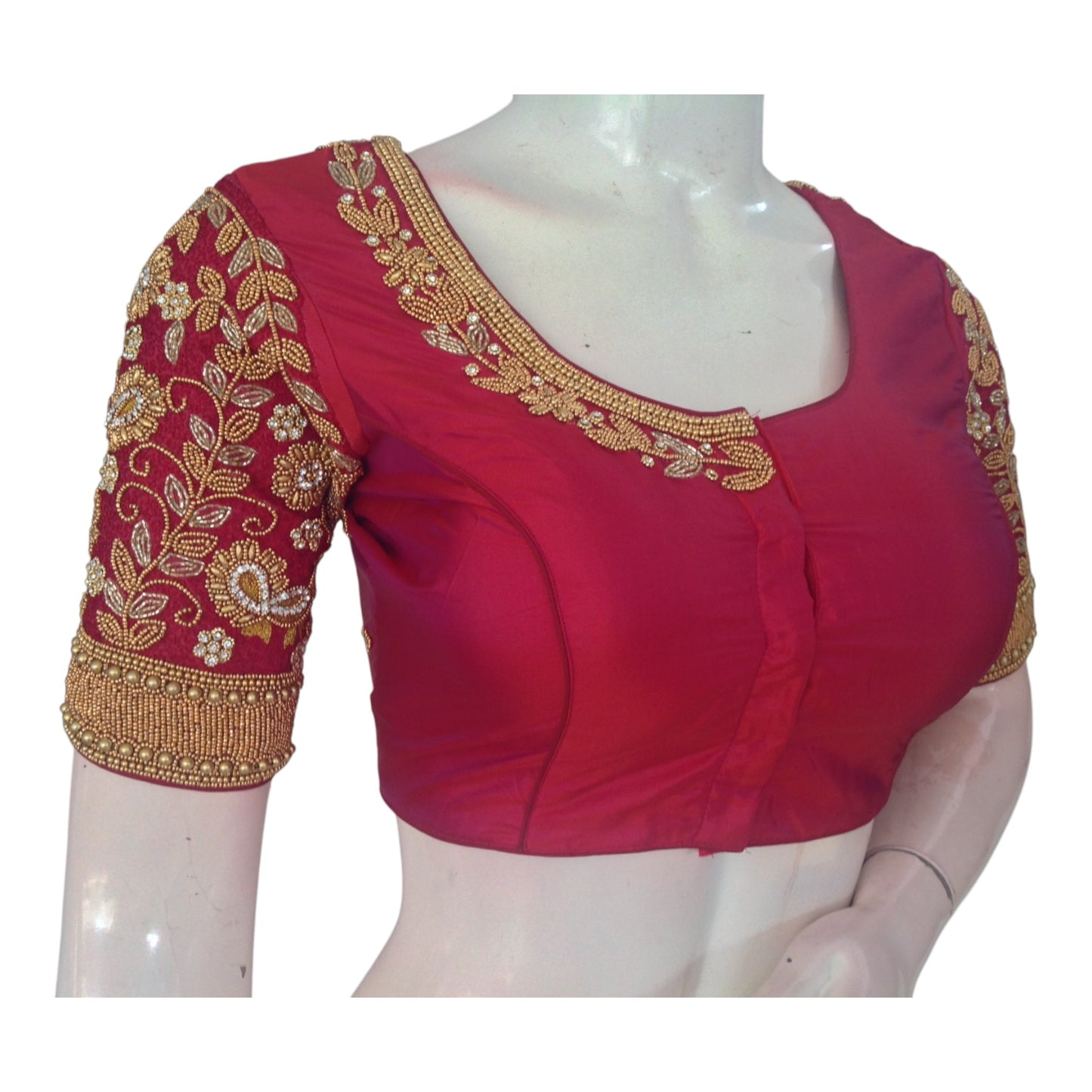 Radiant Red Aari Wedding Silk Saree Ready made Blouse for Brides