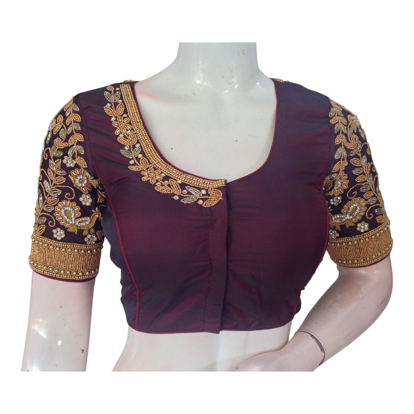 Sophisticated Dark Purple Aari Wedding Silk Saree Ready made Blouse for Brides