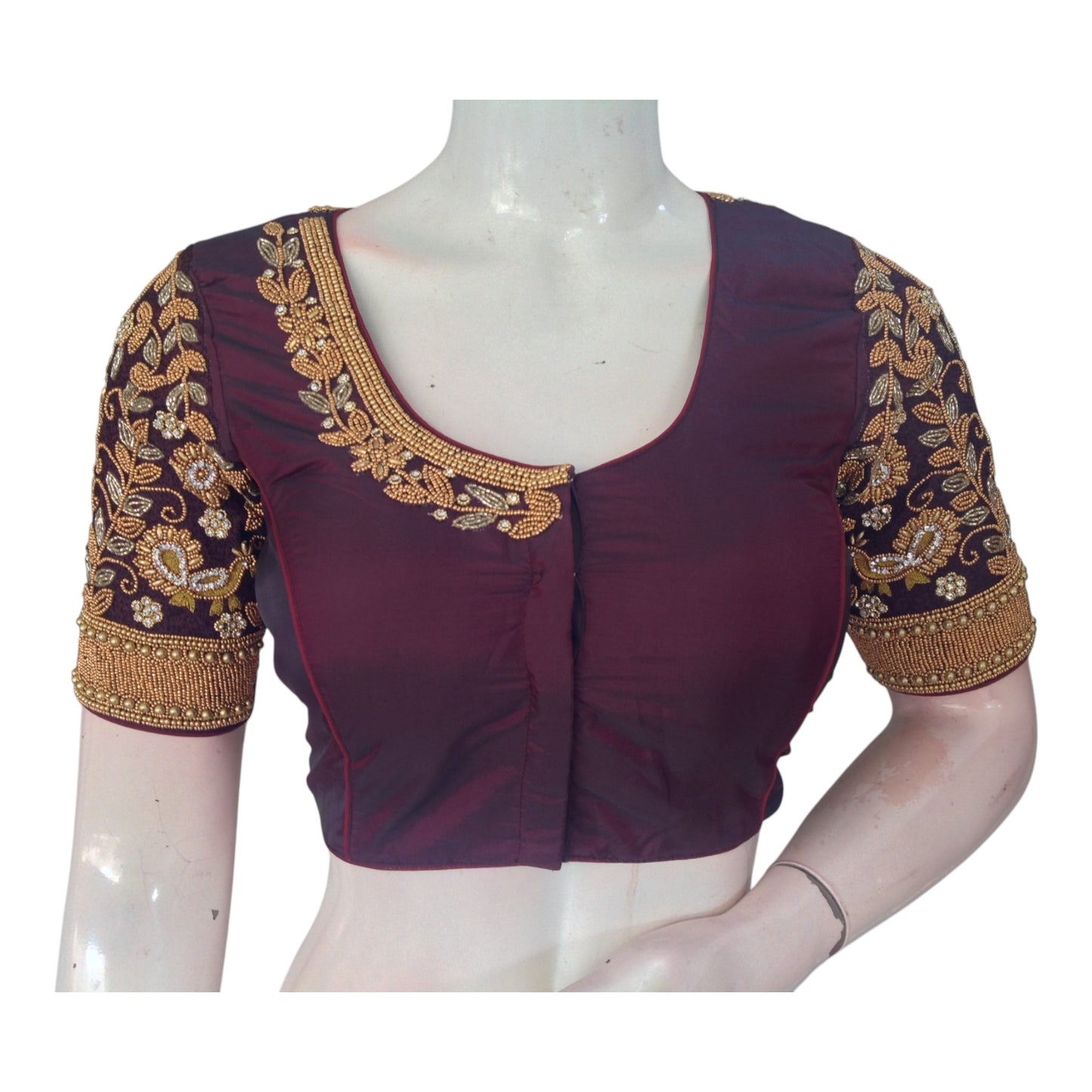Sophisticated Dark Purple Aari Wedding Silk Saree Ready made Blouse for Brides