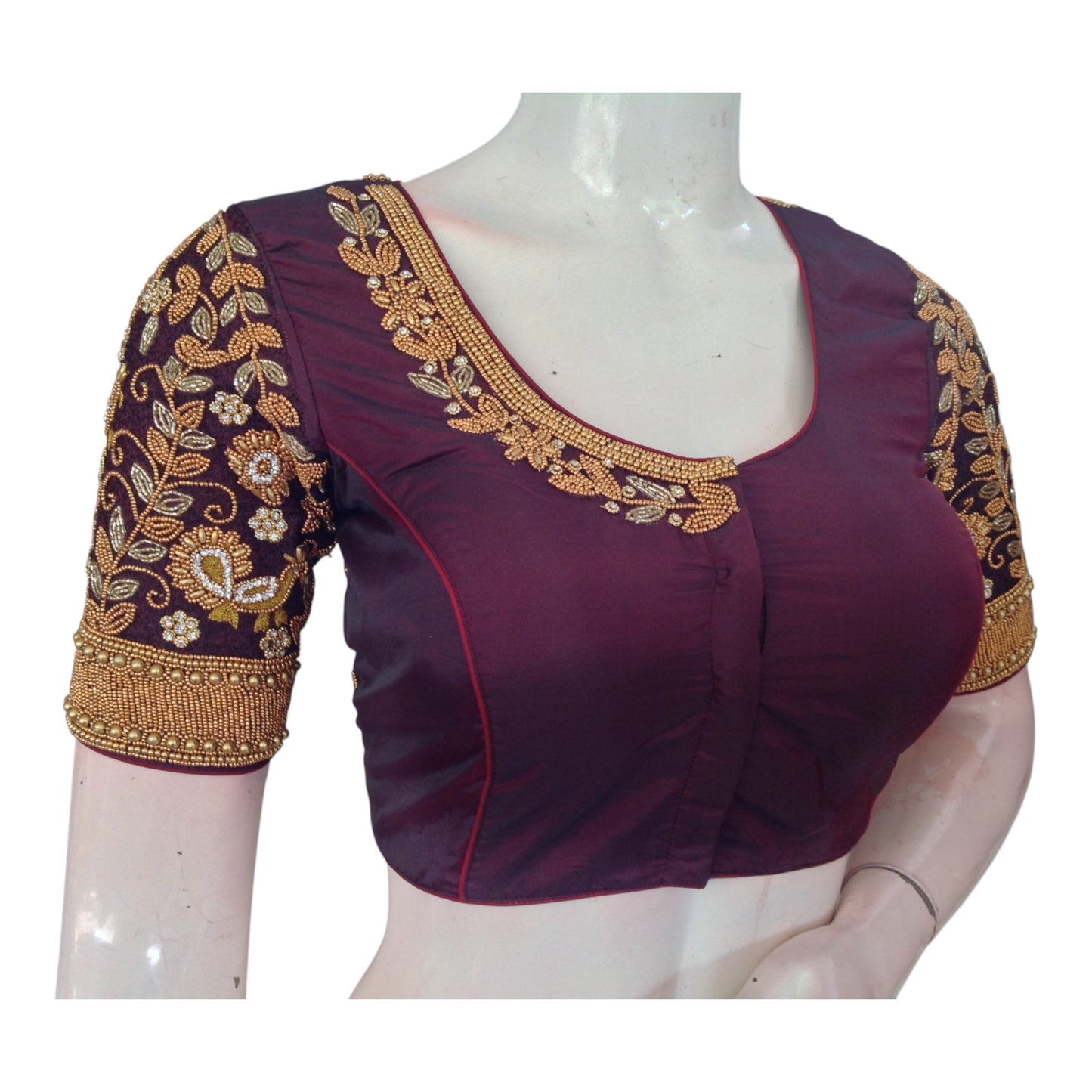 Sophisticated Dark Purple Aari Wedding Silk Saree Ready made Blouse for Brides