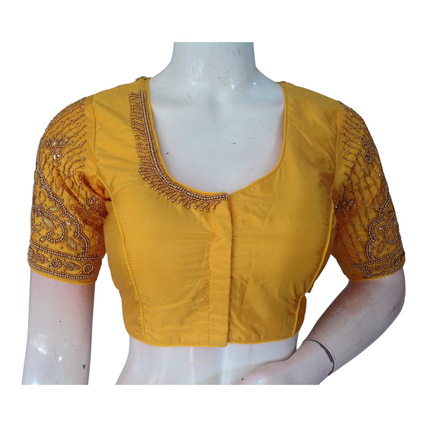 Elegant Mustard Yellow Aari Handwork Wedding Silk Saree Blouse