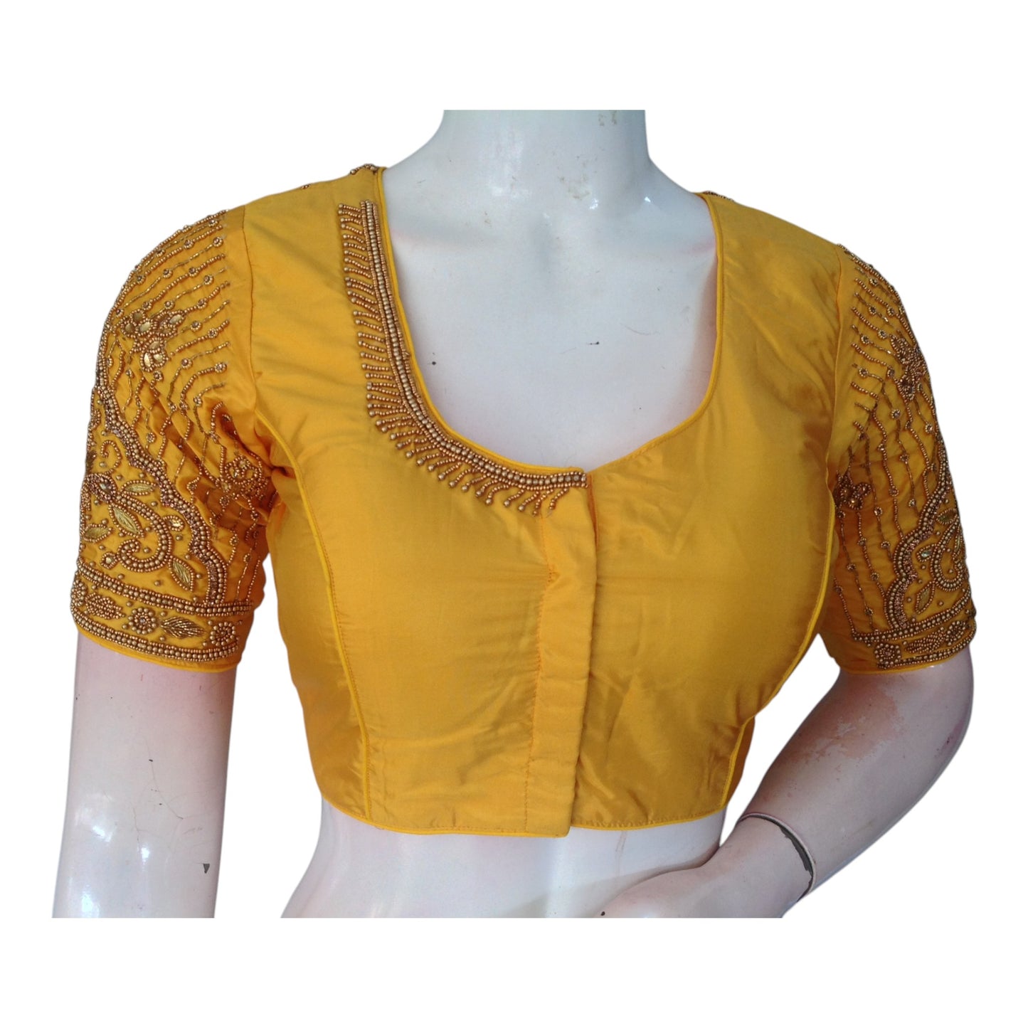 Elegant Mustard Yellow Aari Handwork Wedding Silk Saree Blouse