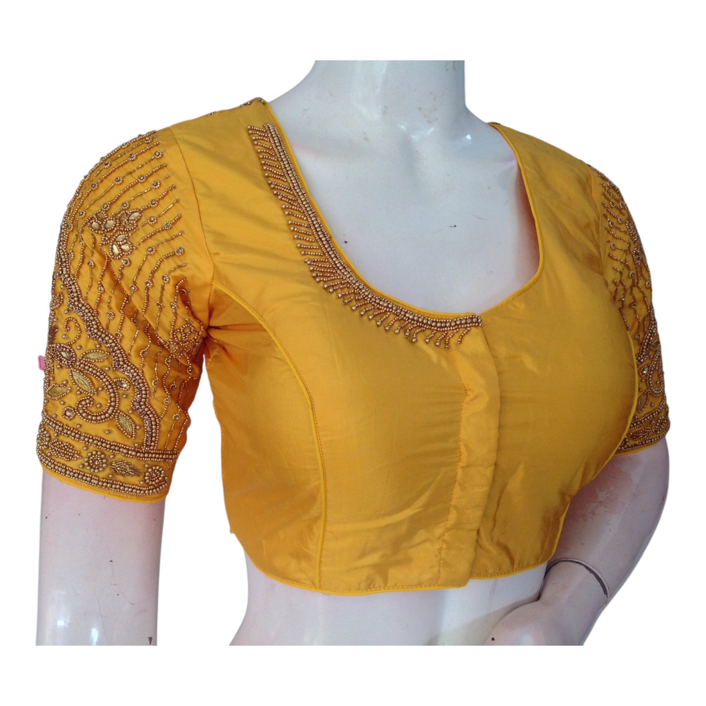 Elegant Mustard Yellow Aari Handwork Wedding Silk Saree Blouse