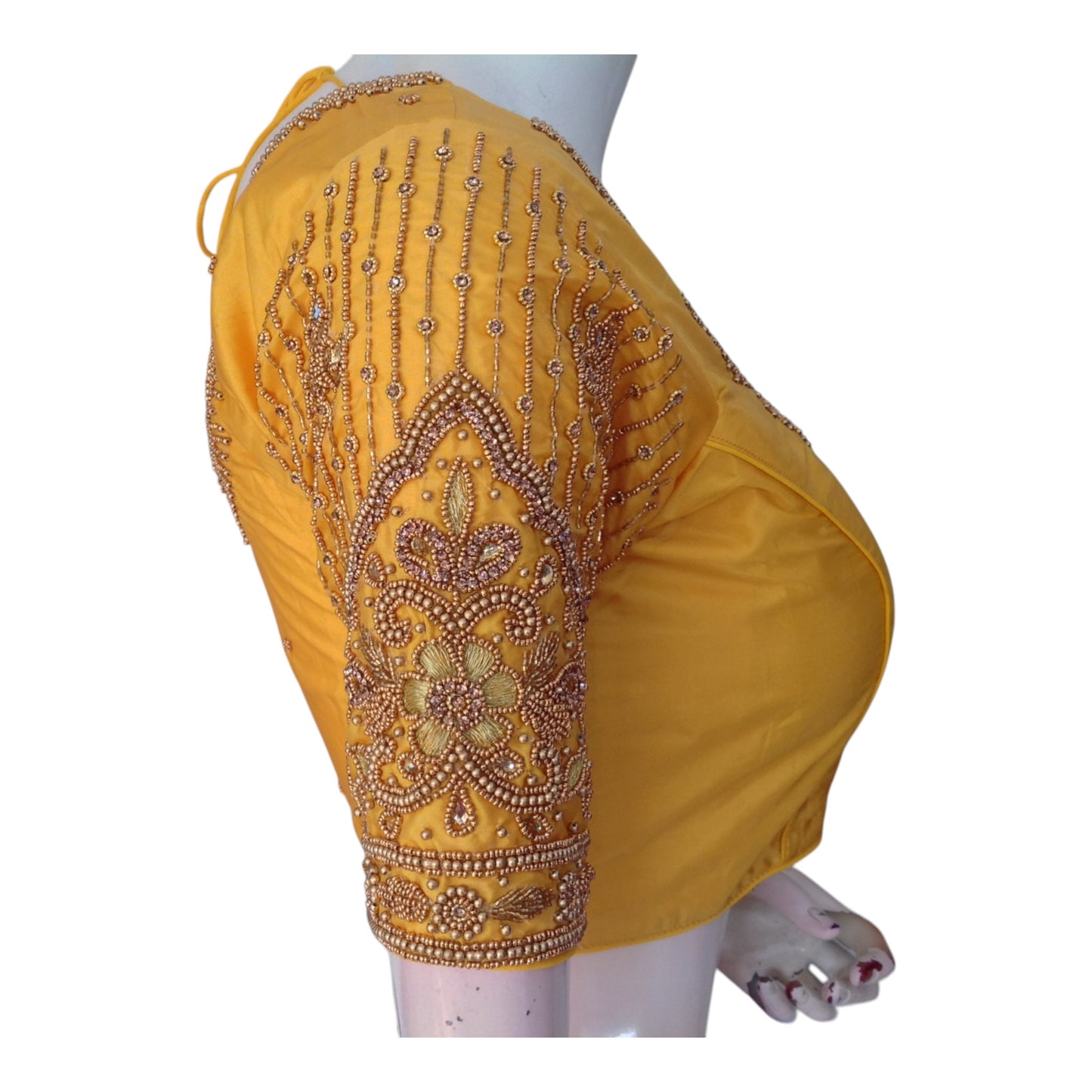 Elegant Mustard Yellow Aari Handwork Wedding Silk Saree Blouse