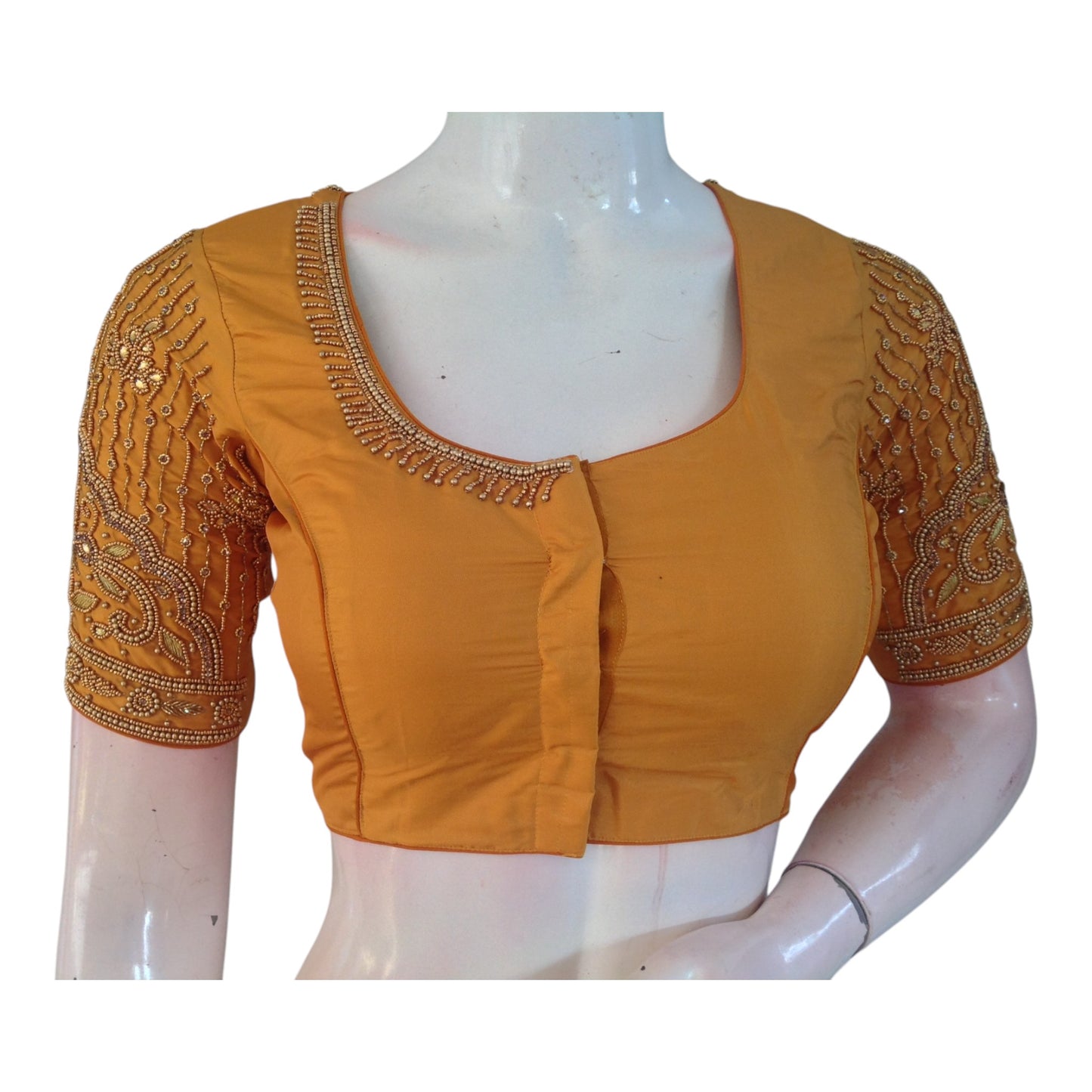 Handcrafted Mustard Color Aari Handwork Wedding Silk Saree Blouse