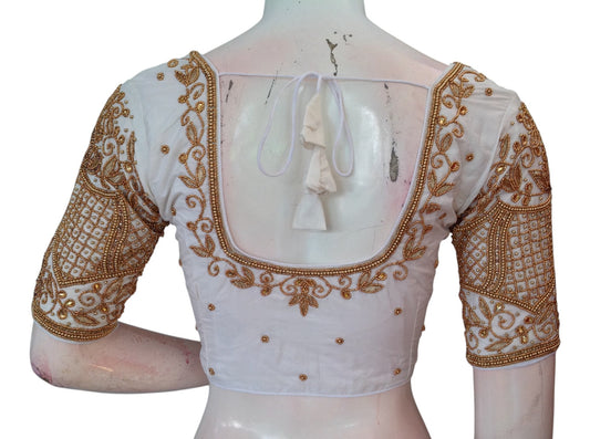 Subtle Off-White Color Aari Handwork Wedding Silk Saree Blouse - Elegant