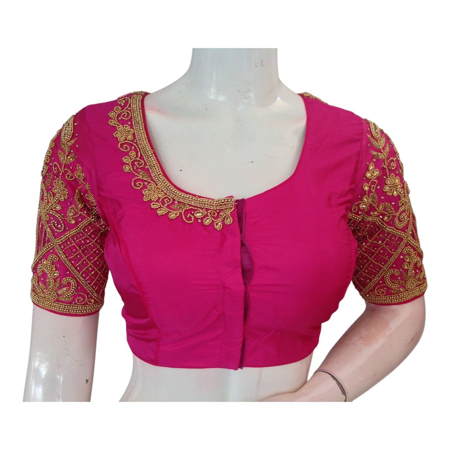 Pink Color Wedding Silk Saree Blouse with Delicate Aari Handwork - Luxurious