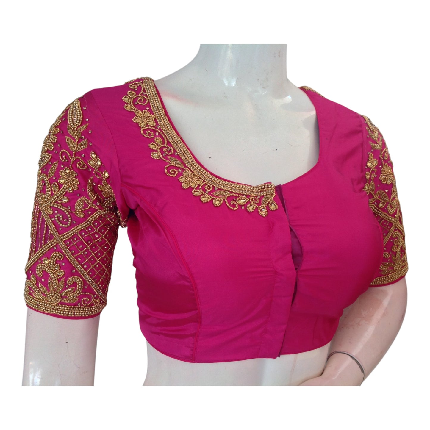 Pink Color Wedding Silk Saree Blouse with Delicate Aari Handwork - Luxurious