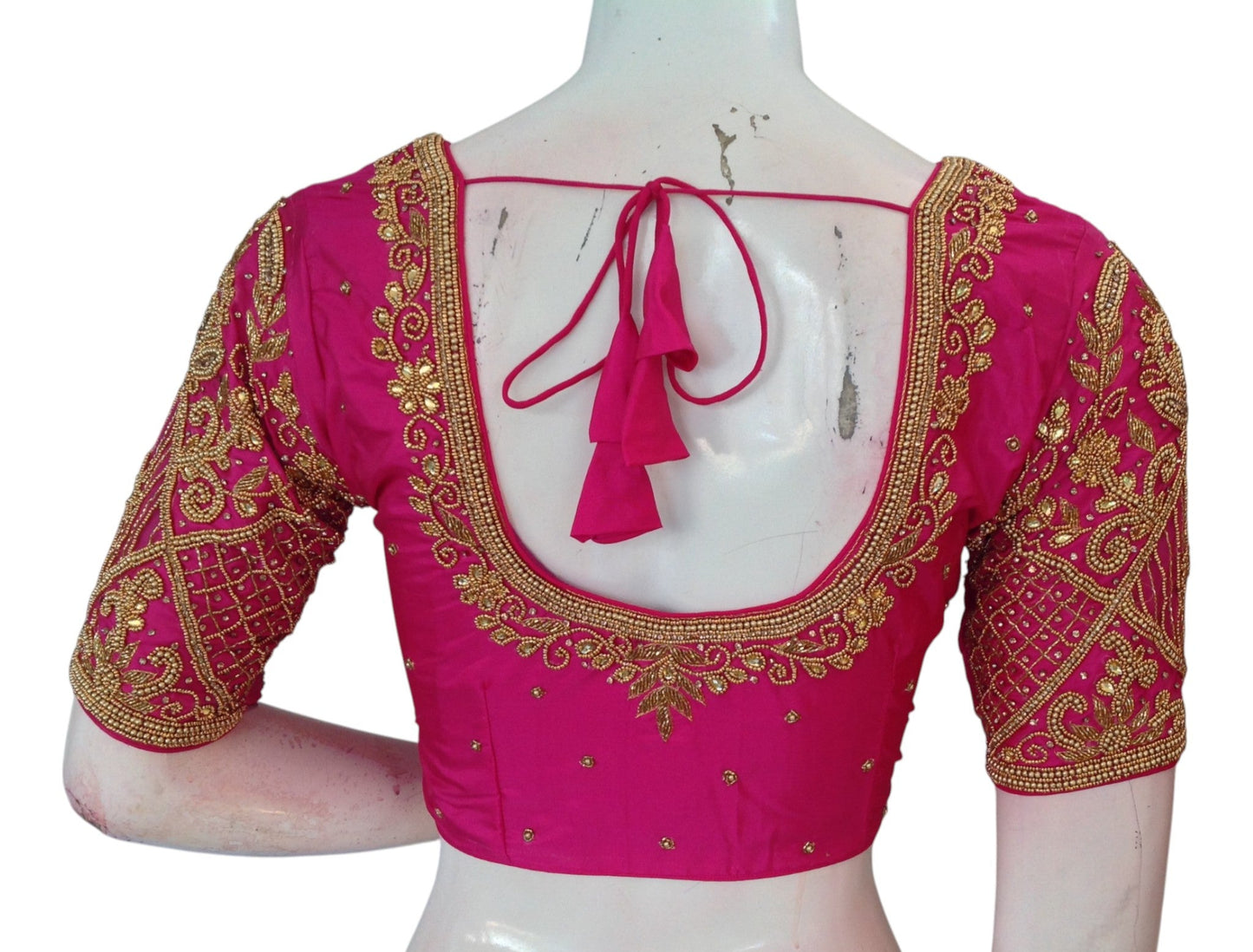 Pink Color Wedding Silk Saree Blouse with Delicate Aari Handwork - Luxurious