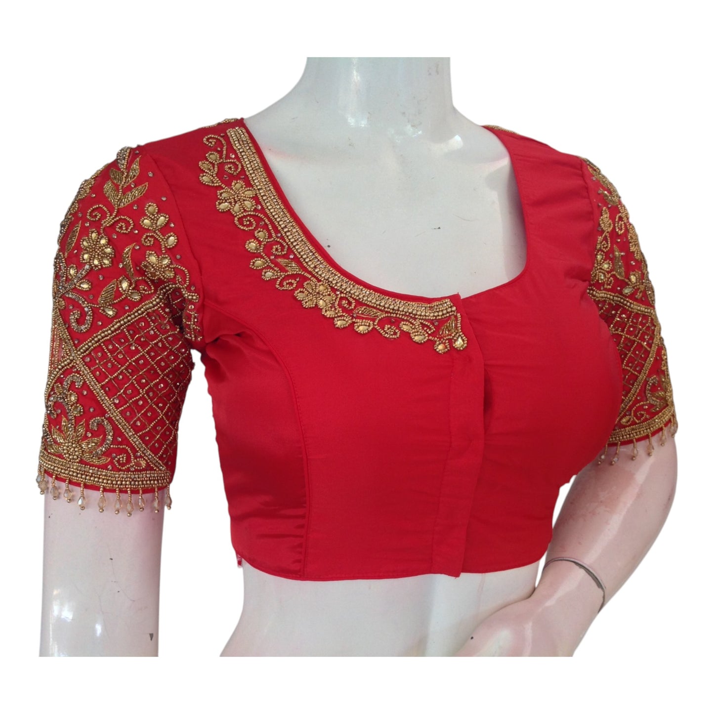 Auspicious Red Color Aari Handwork Wedding Silk Saree Blouse - Elegant