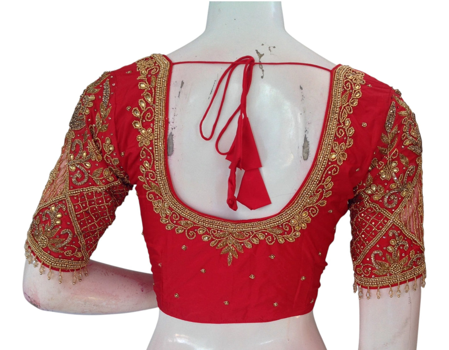Auspicious Red Color Aari Handwork Wedding Silk Saree Blouse - Elegant