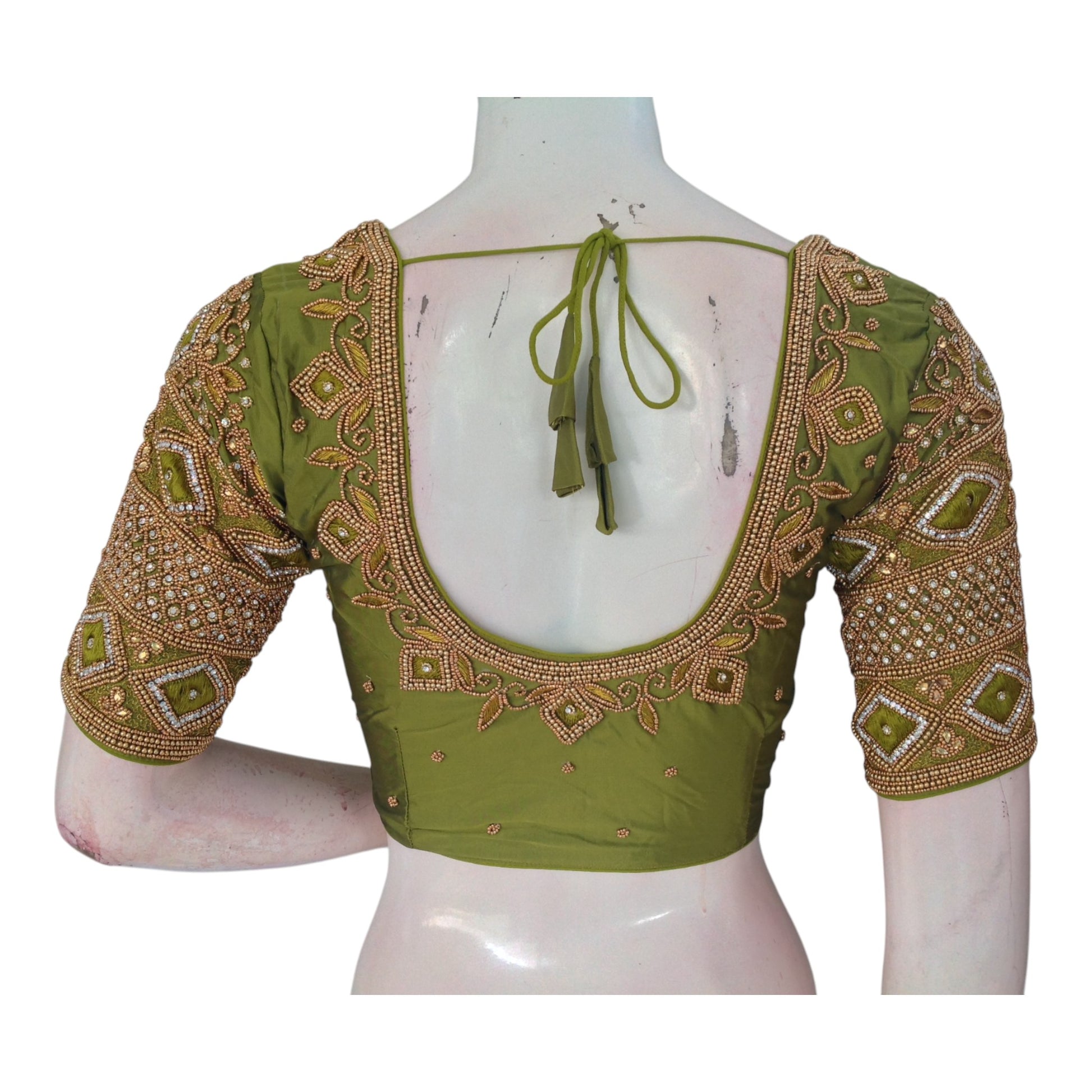 Olive Green Color Wedding Silk Blouse: Unique Diamond Aari Handwork