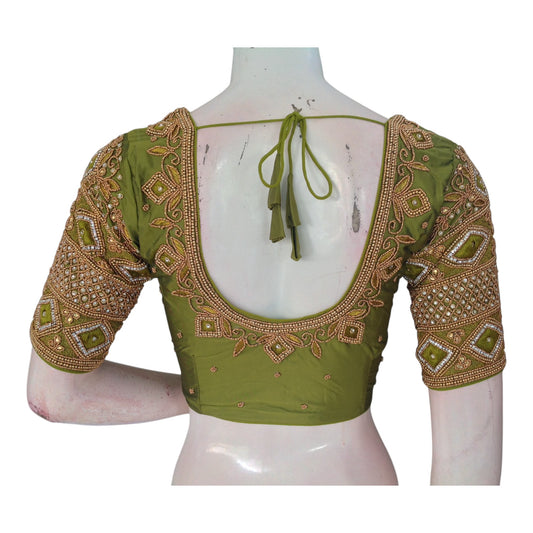 Olive Green Color Wedding Silk Blouse: Unique Diamond Aari Handwork