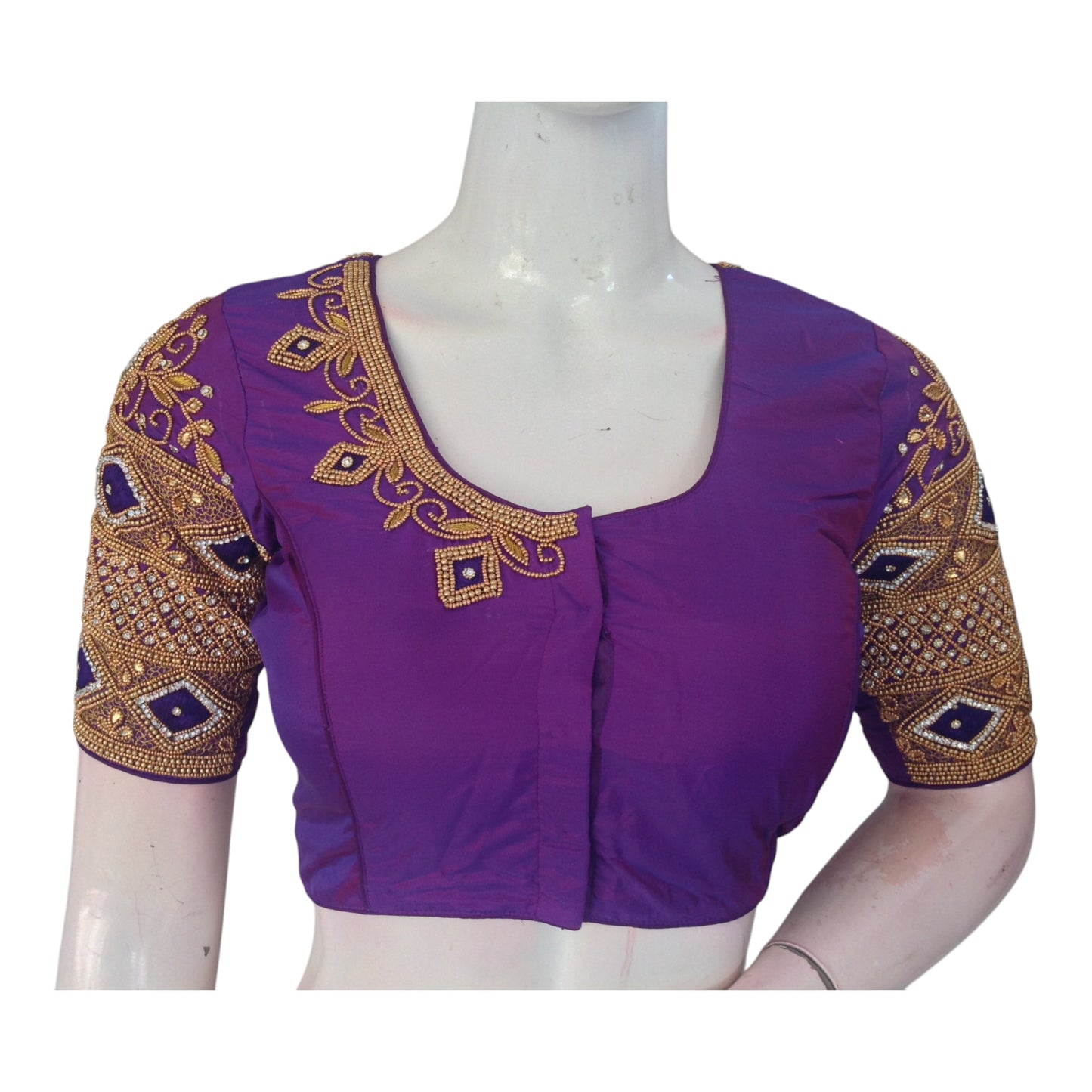 Purple Color Wedding Silk Blouse: Unique Diamond Aari Handwork blouse