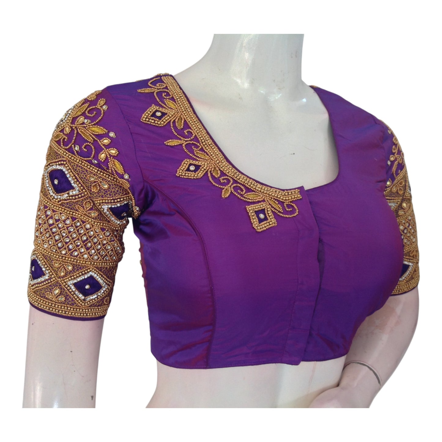 Purple Color Wedding Silk Blouse: Unique Diamond Aari Handwork blouse