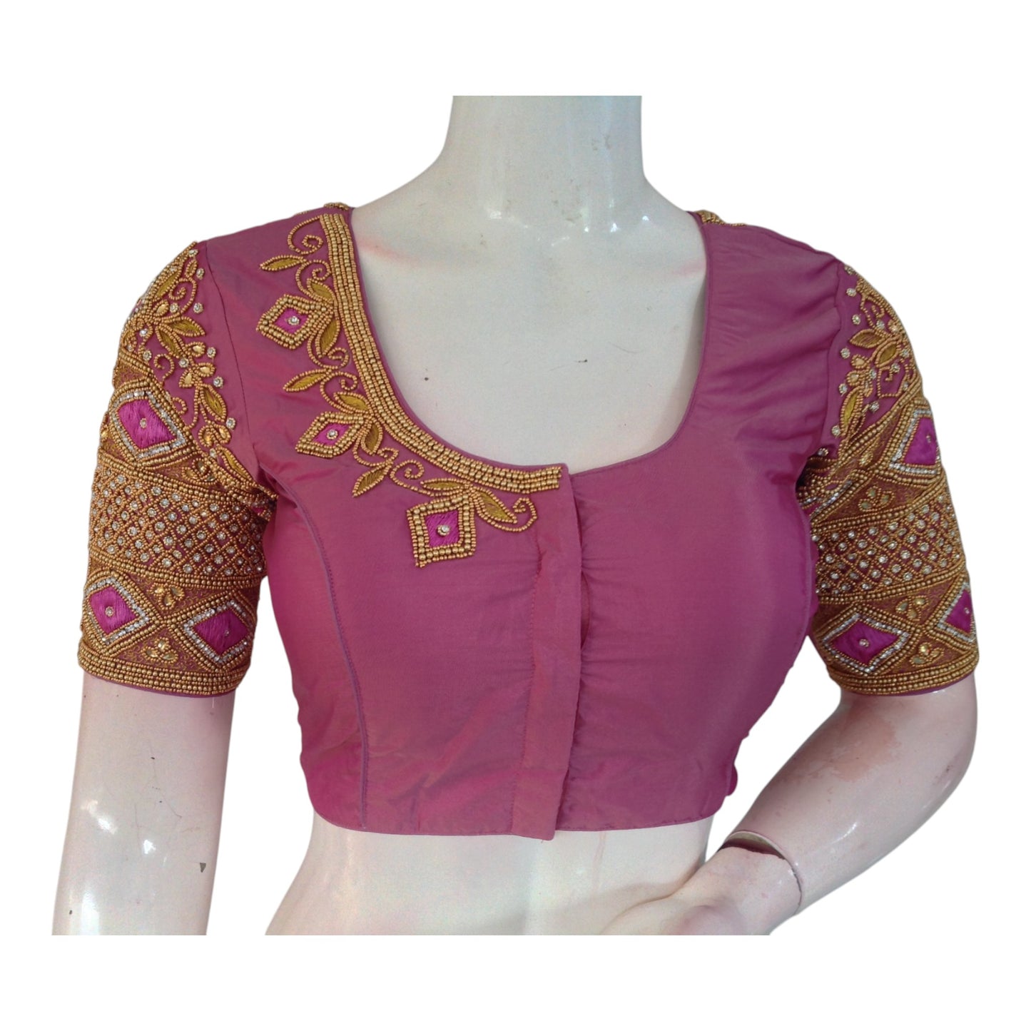 Delicate Onion Pink Color Aari Handwork Wedding Silk Saree Blouse