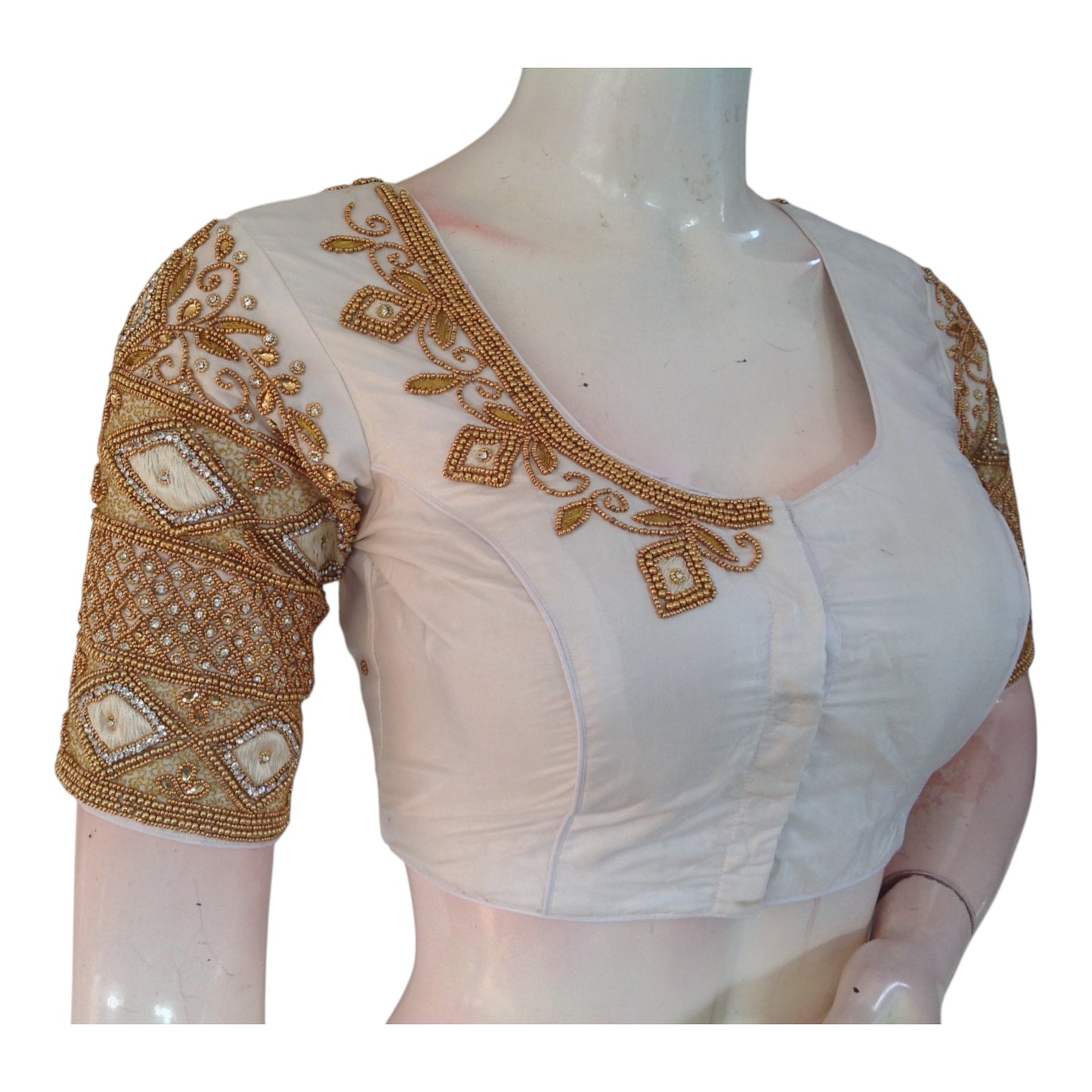 Off-White Color Silk Saree Blouse with Aari Handwork - Bridal Classic