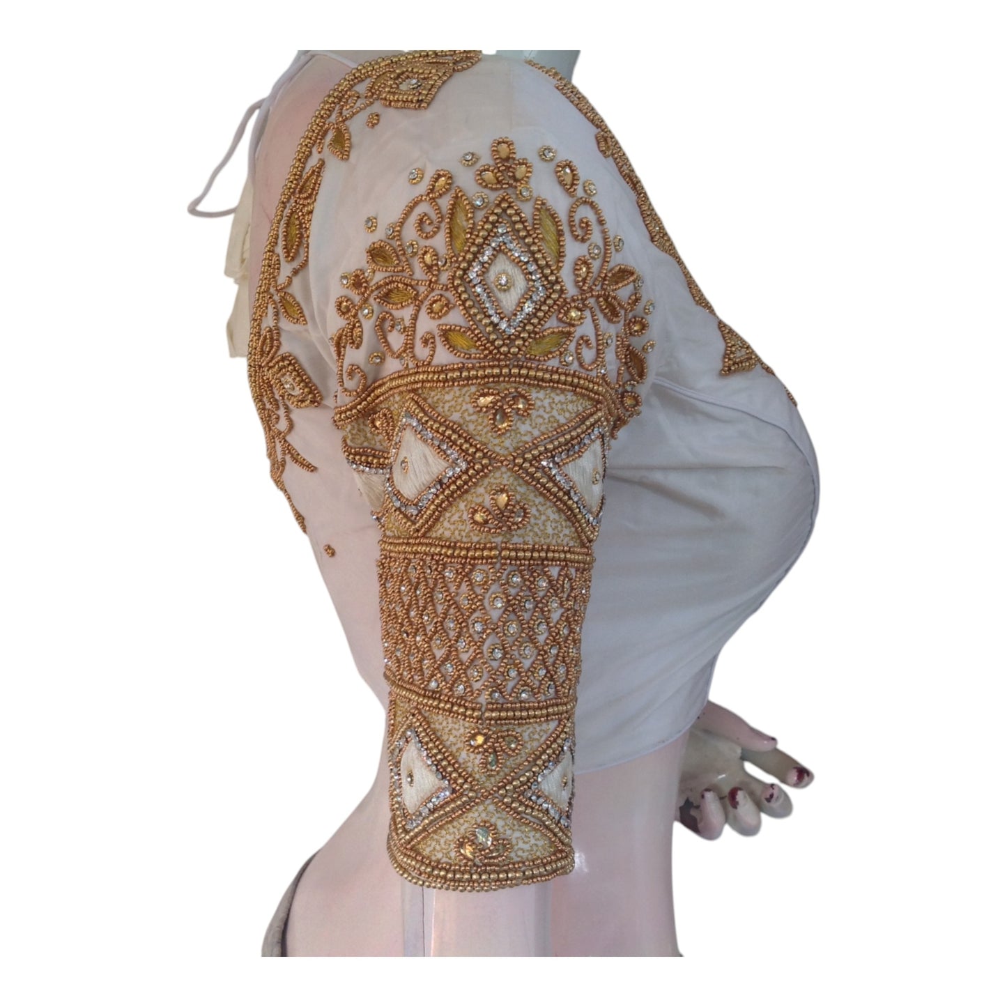 Off-White Color Silk Saree Blouse with Aari Handwork - Bridal Classic