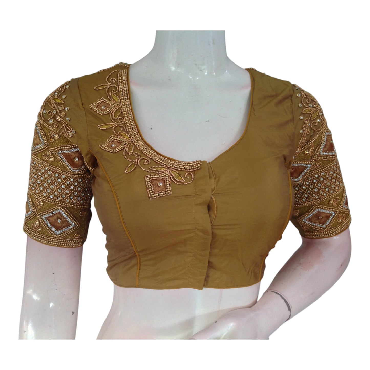 Elegant Dark Mustard Color Aari Handwork Wedding Silk Saree Blouse