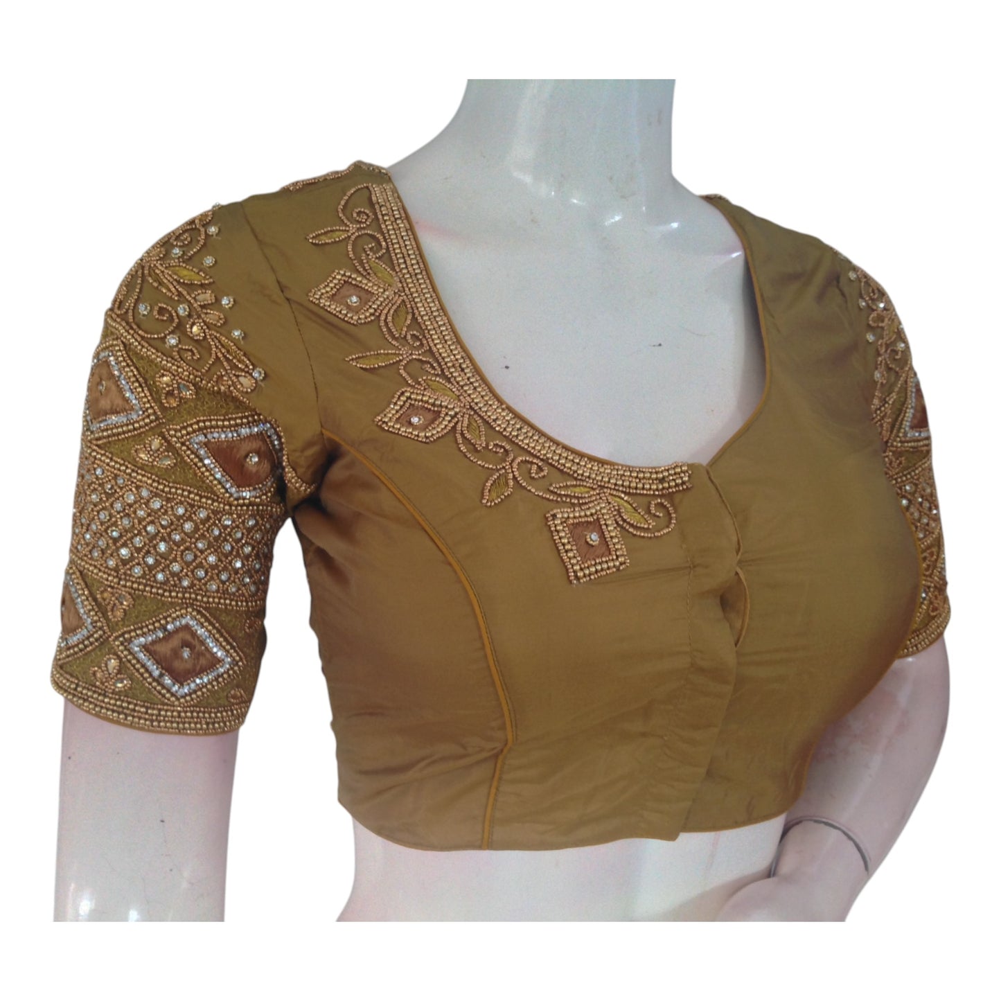Elegant Dark Mustard Color Aari Handwork Wedding Silk Saree Blouse