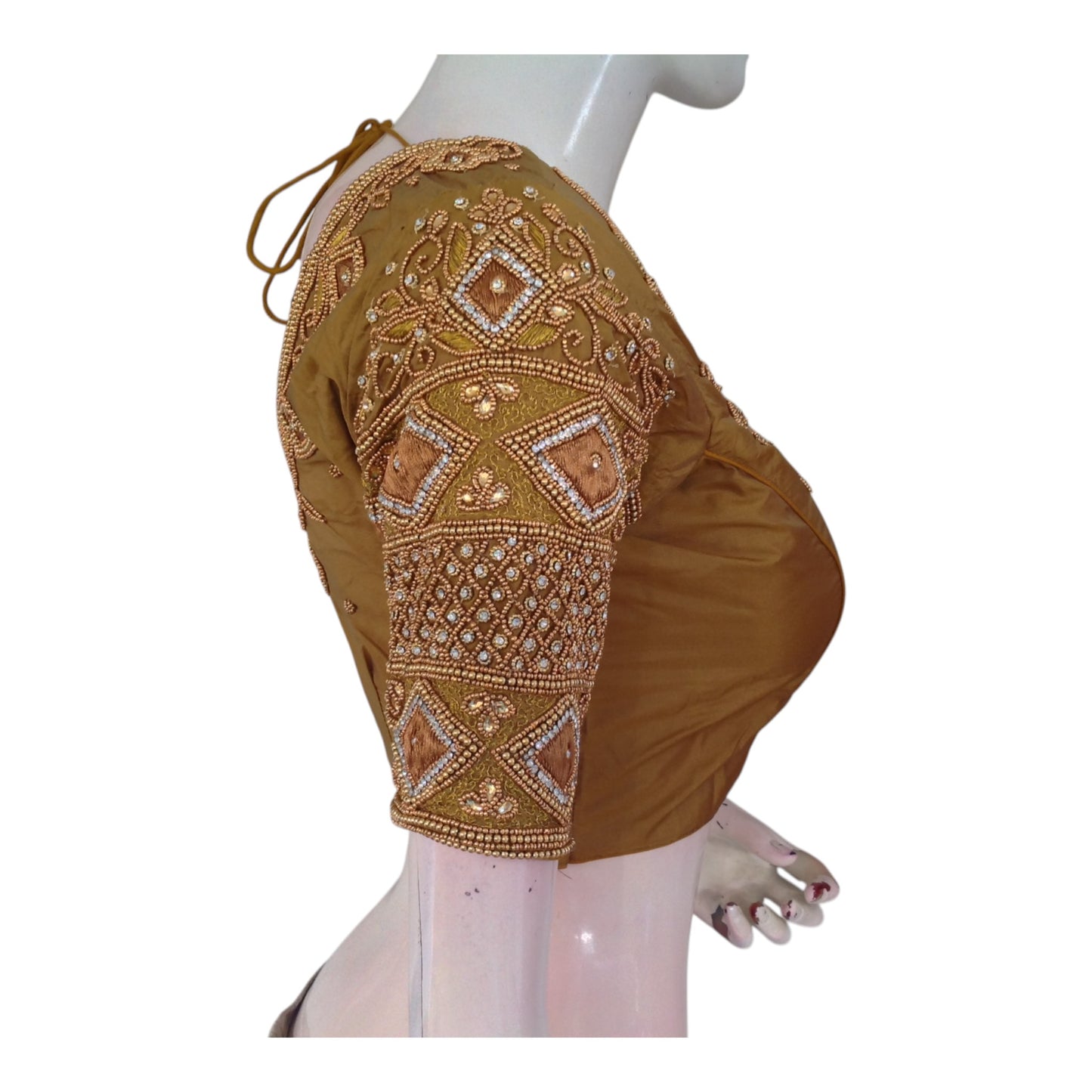 Elegant Dark Mustard Color Aari Handwork Wedding Silk Saree Blouse