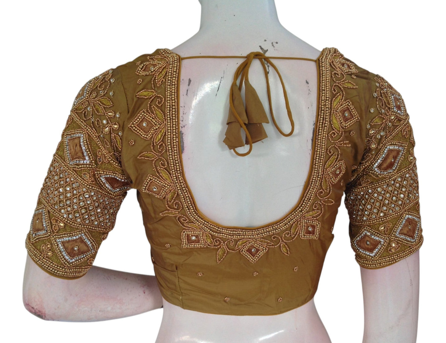 Elegant Dark Mustard Color Aari Handwork Wedding Silk Saree Blouse