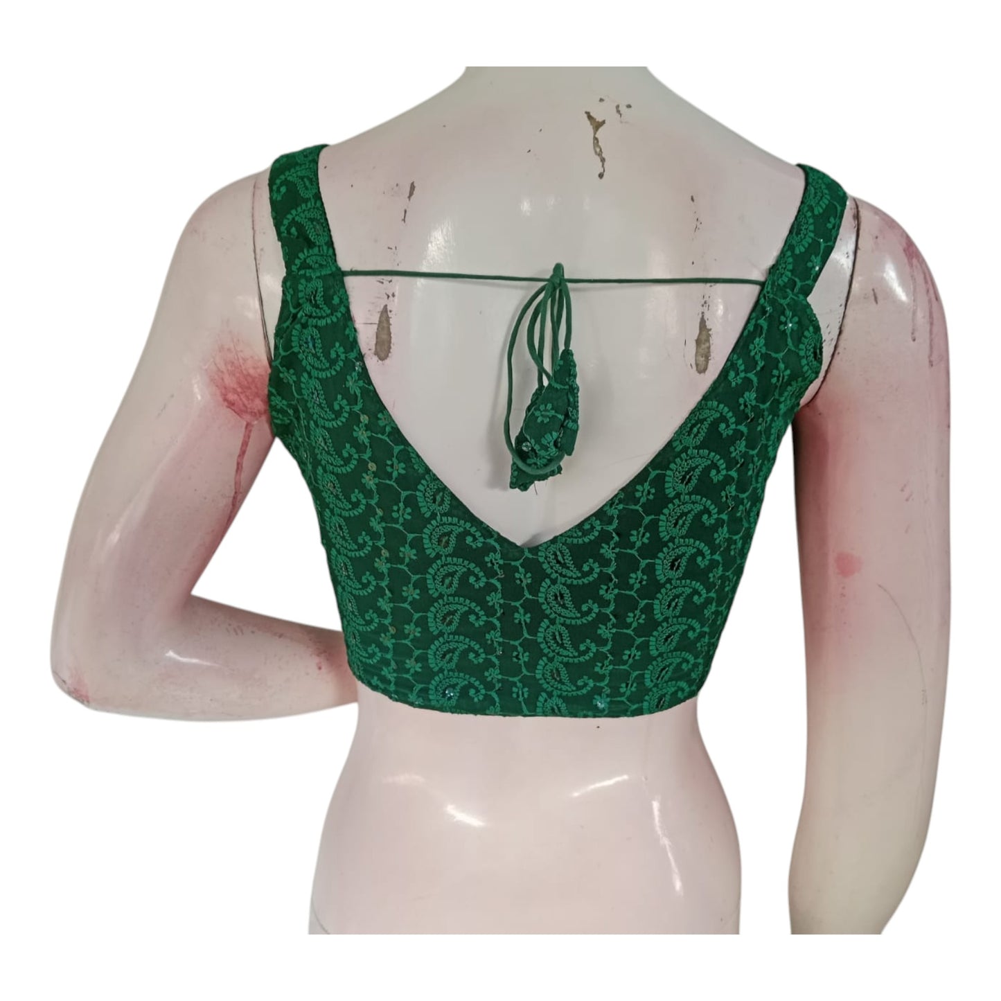 Emerald Green Chikankari Spaghetti Strap Designer Sleeveless Saree Blouse