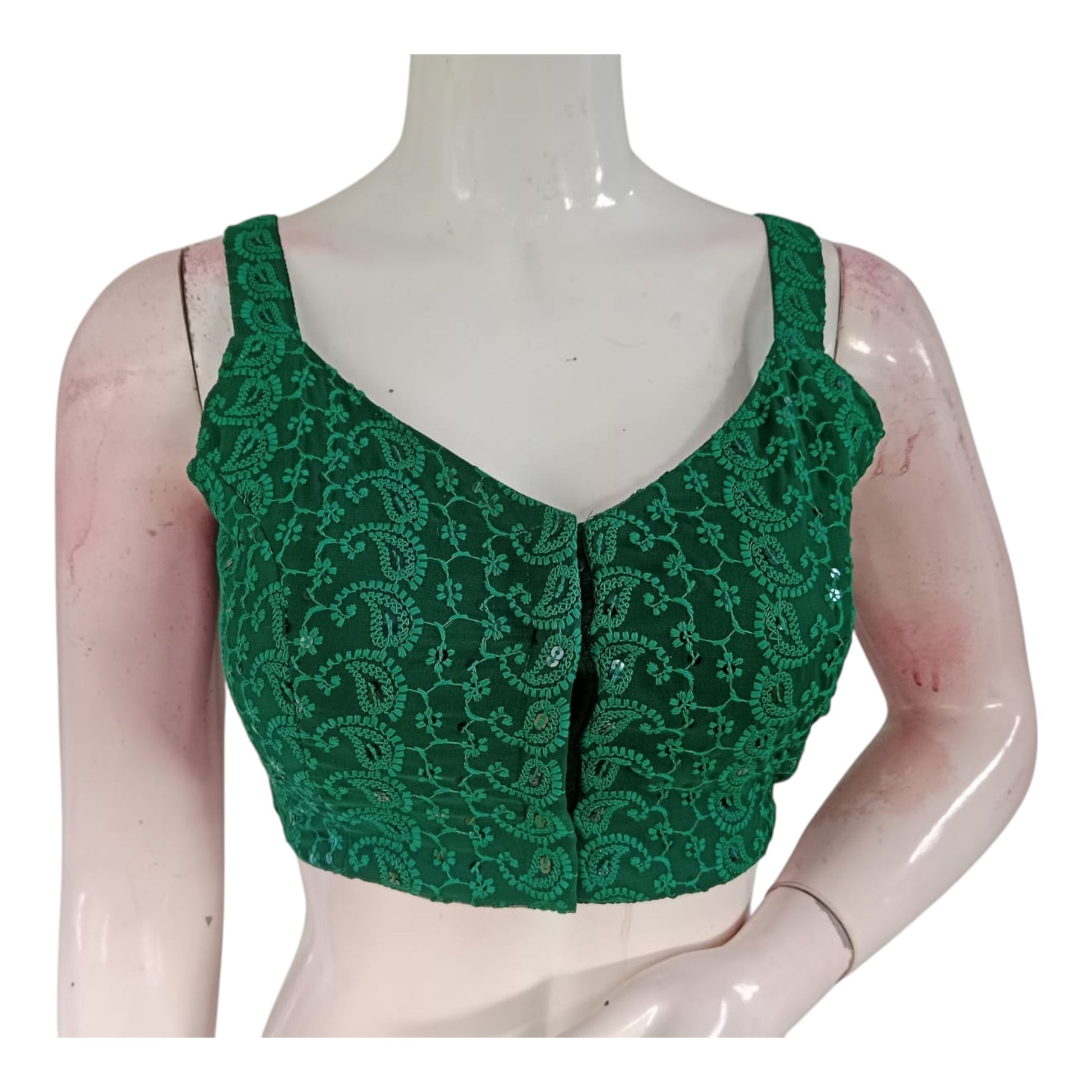 Emerald Green Chikankari Spaghetti Strap Designer Sleeveless Saree Blouse
