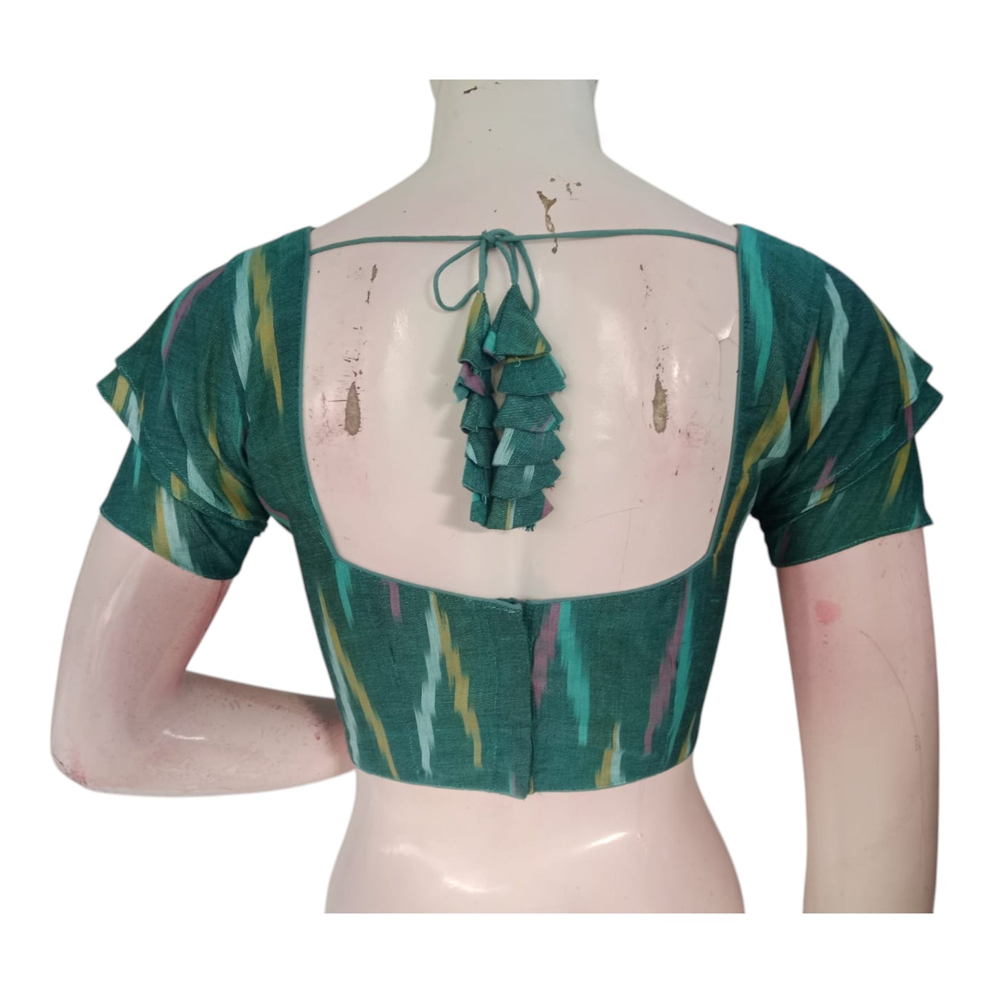 Elegant Teal Color Ikkat V-Neck Ready made Blouse with Ruffle Sleeves