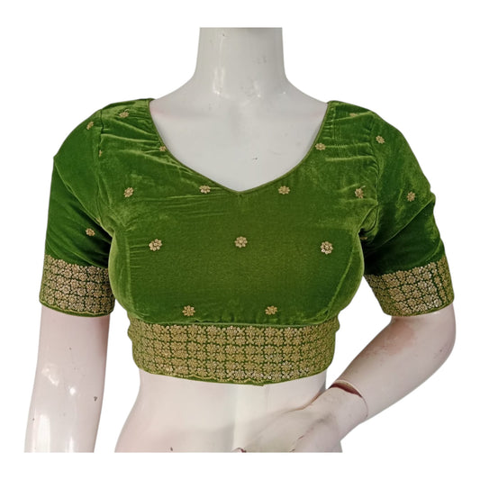 Olive Green Color Sequin Velvet Designer V-Neck Readymade Saree  Blouse