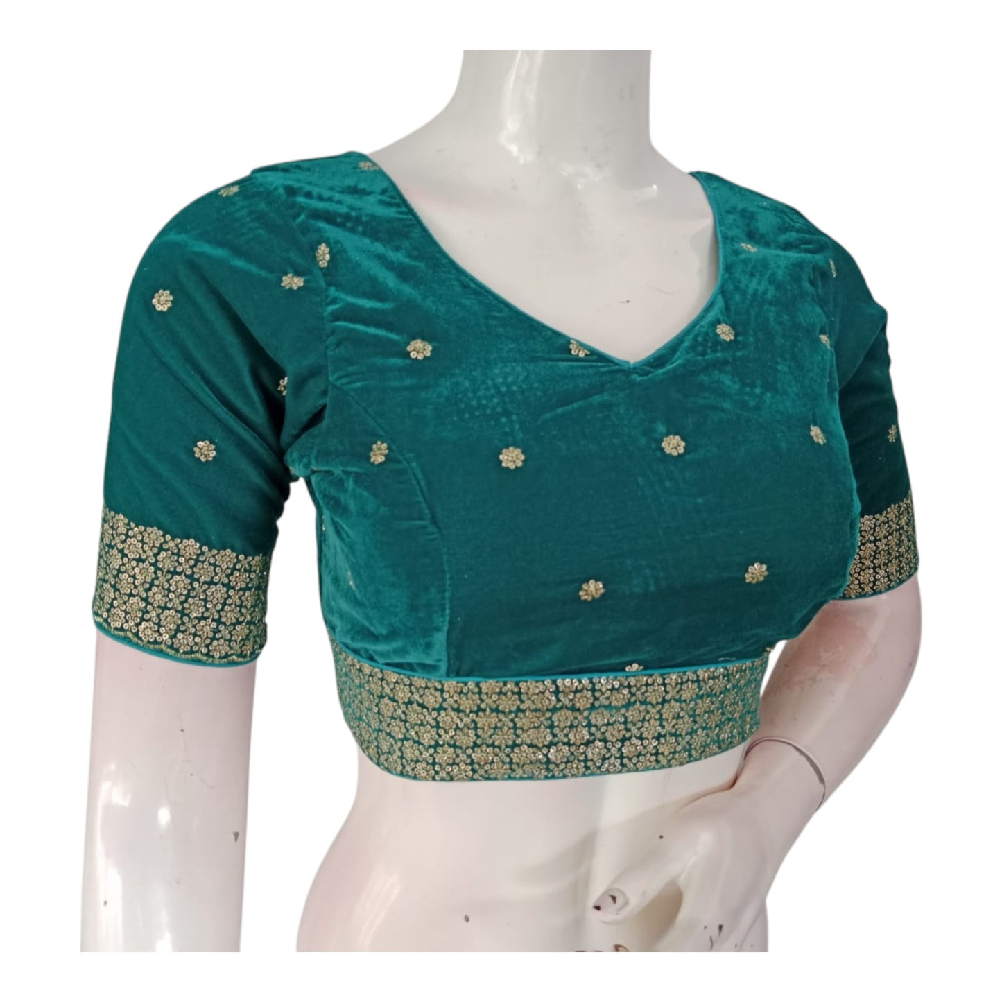 Sparkling Teal Green Color Velvet Sequin Readymade Saree Blouse