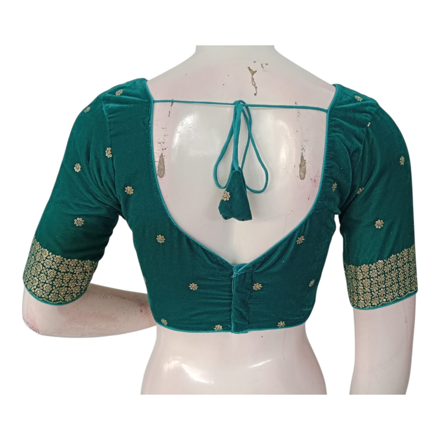 Sparkling Teal Green Color Velvet Sequin Readymade Saree Blouse