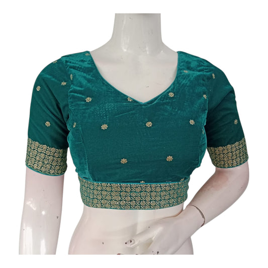 Sparkling Teal Green Color Velvet Sequin Readymade Saree Blouse