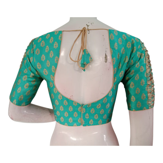 Luxury Teal Color Brocade Silk Ready made Blouse | Gold Butta | Unique Sleeves
