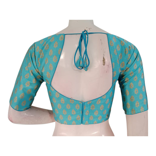 Vibrant Turquoise Blue Brocade Silk Designer Neck Readymade Saree Blouse