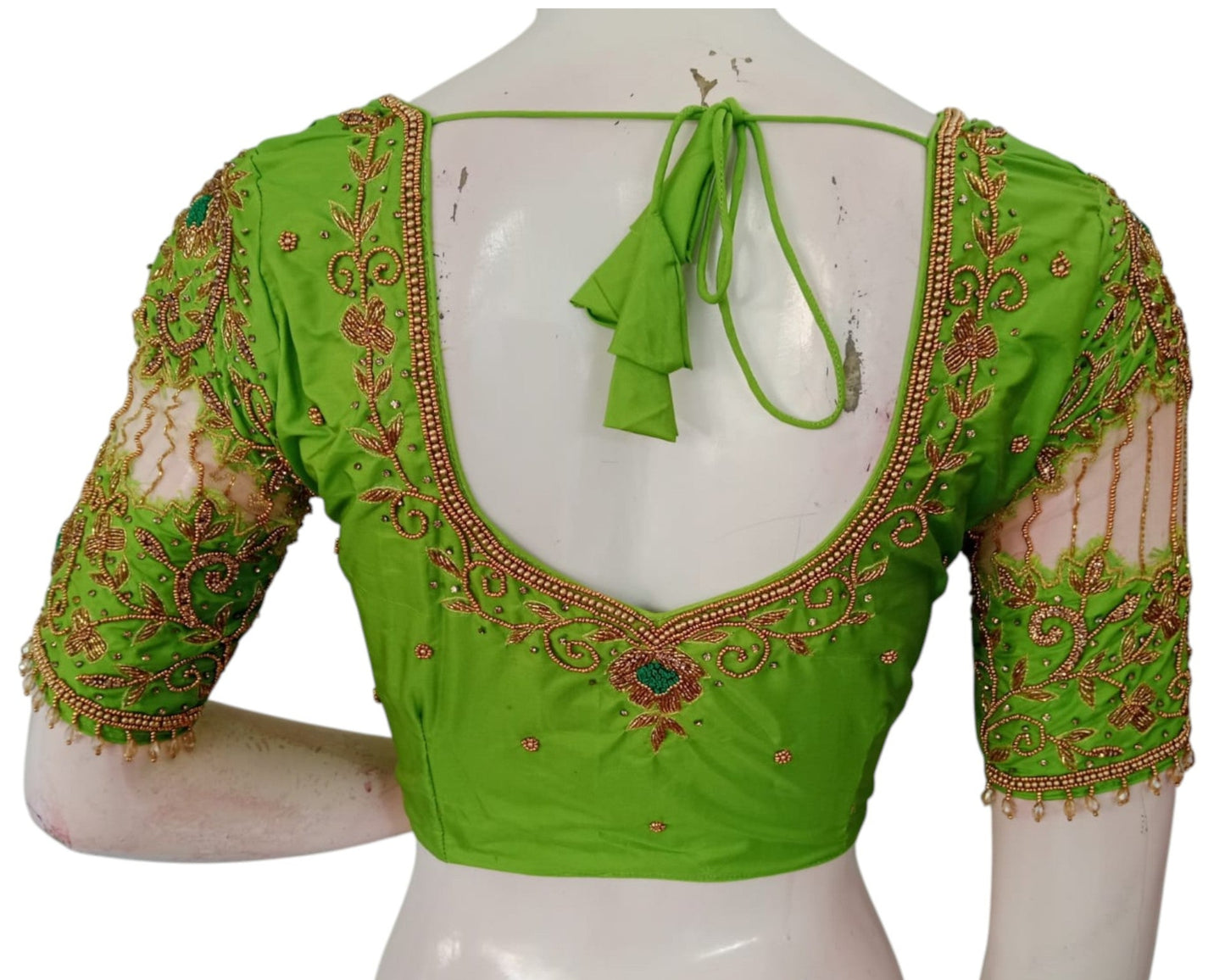 Exquisite Parrot Green Aari Knot Work Bridal Blouse with Netted Sleeves