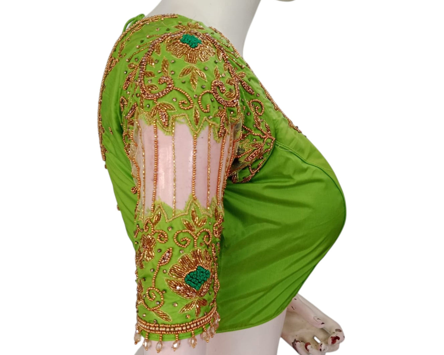 Exquisite Parrot Green Aari Knot Work Bridal Blouse with Netted Sleeves