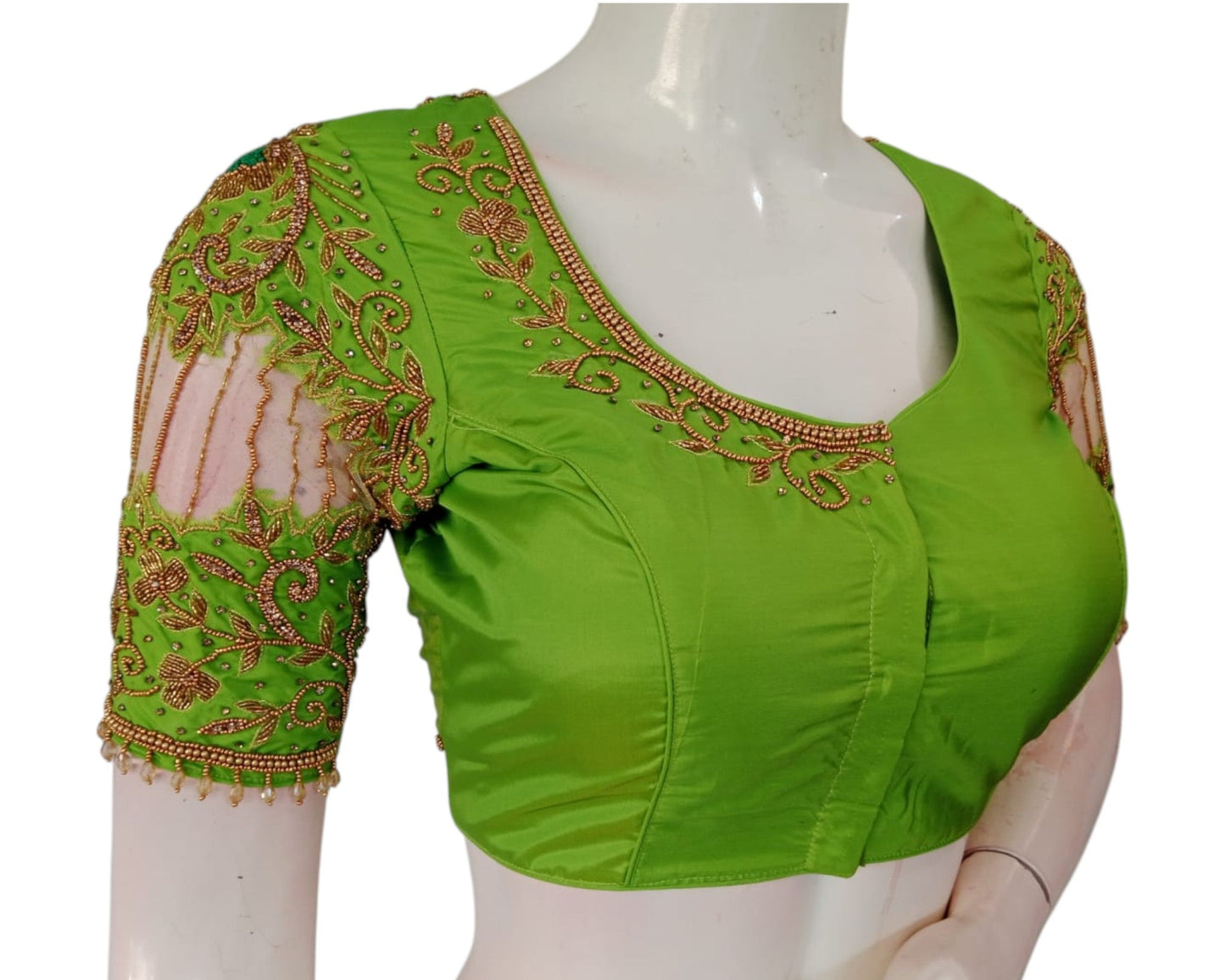 Exquisite Parrot Green Aari Knot Work Bridal Blouse with Netted Sleeves