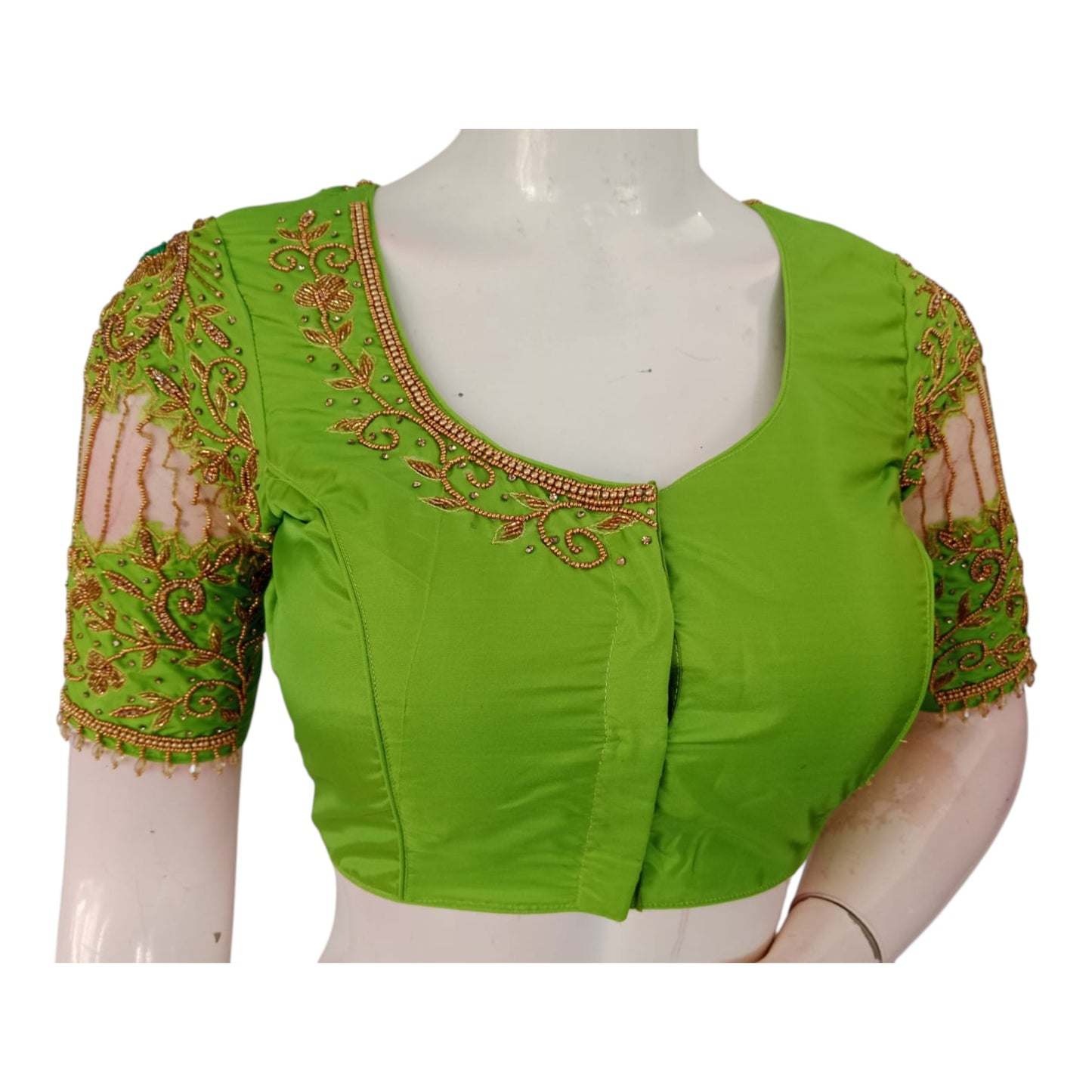 Exquisite Parrot Green Aari Knot Work Bridal Blouse with Netted Sleeves