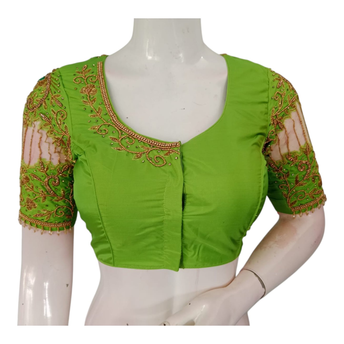 Exquisite Parrot Green Aari Knot Work Bridal Blouse with Netted Sleeves