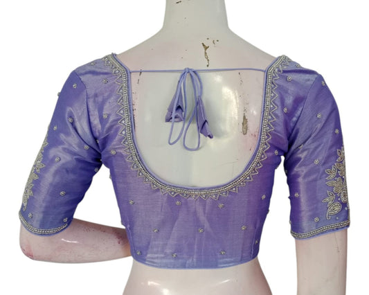 Lavender Color Tissue Silk Bridal Blouse with Silver Aari Handwork