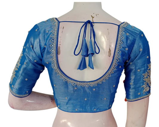 Bridal Blue Color Silk Saree Blouse with Silver Aari Handwork