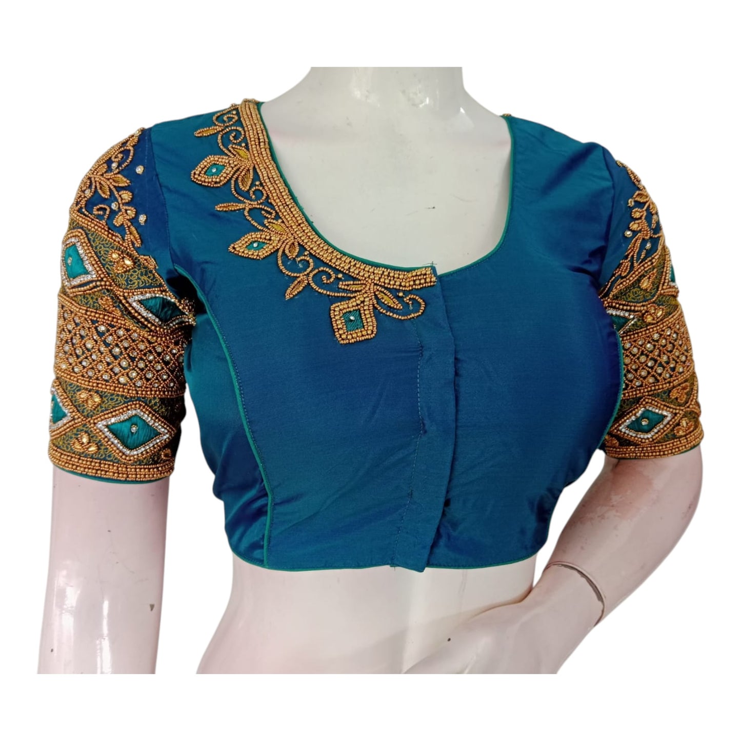 Sophisticated Dark Teal Blue Wedding Silk Saree Blouse - Handcrafted Elegance