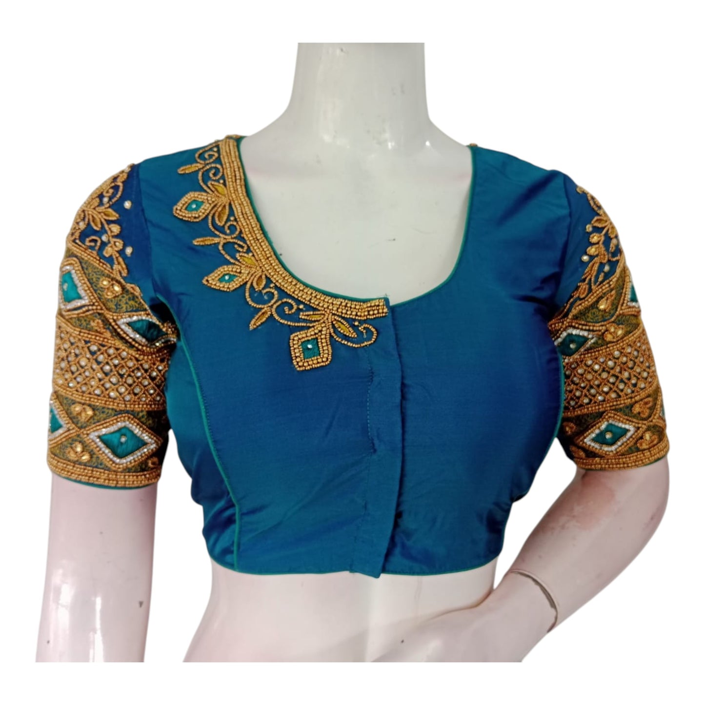 Sophisticated Dark Teal Blue Wedding Silk Saree Blouse - Handcrafted Elegance