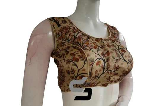 Beige Color Printed silk Sleeveless Readymade saree blouse - D3blouses